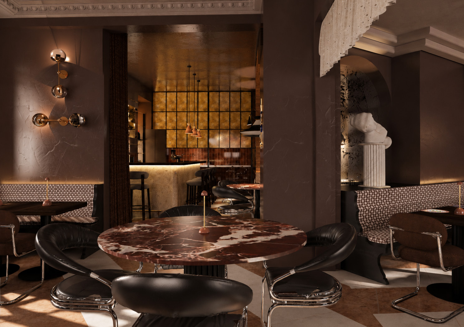 Sneak Peek: Vourla-Gastraum mit Rundbogen, dunklen Tischen und Blick zur leuchtenden Bar