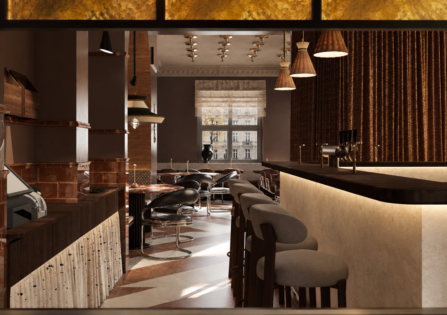 Sneak Peek der geplanten Vourla-Bar mit warm hinterleuchtetem Tresen